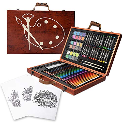 KIDDYCOLOR Portable Art Set for Kids 85 Pcs Painting & Drawing Oil Pastels Color Pencil with Wood Case