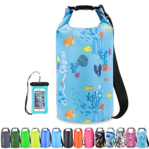 OMGear Waterproof Dry Bag Backpack Waterproof Phone Pouch 40L/30L/20L/10L/5L Floating Dry Sack for Kayaking Boating Sailing Canoeing Rafting Hiking Camping Outdoors Activities (Blue Fish, 5L)