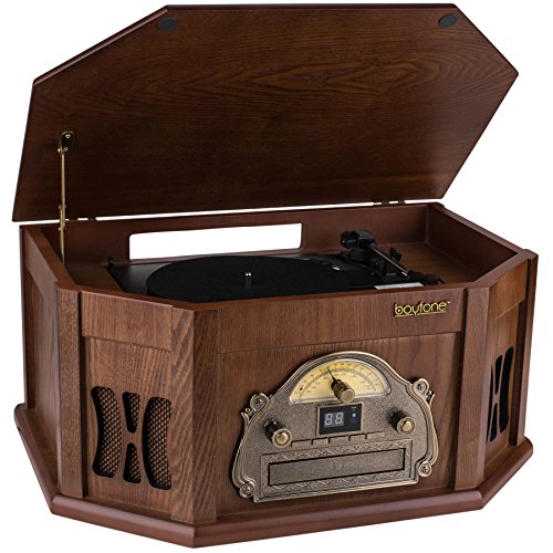 Boytone BT-25MB 8-in-1 Natural Wood Classic Turntable Stereo System with Bluetooth Connection, Vinyl Record Player, AM/FM, CD, Cassette, USB, SD Slot. 2 Built-in Speakers, Remote Control, MP3 Player