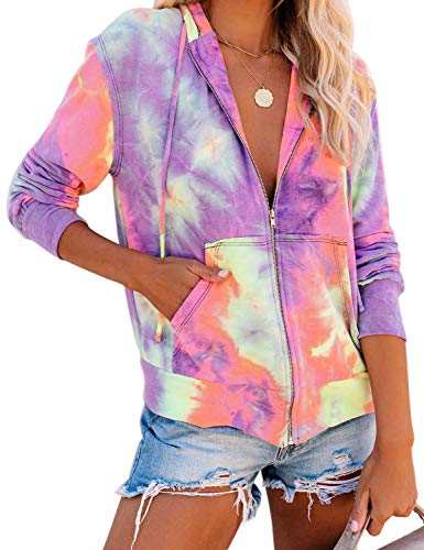 LookbookStore Casual Fall Clothes Tie Dye Knit Active Hoodie Sweatshirt for Women Long Sleeves Zip Up Sweatshirt Top Lightweight Jacket Purple Size L