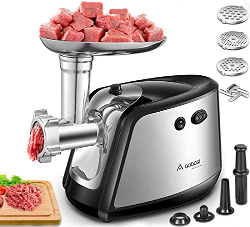 Electric Meat Grinder, Aobosi 3-IN-1 Meat Mincer & Sausage Stuffer,1200W MaxSausage & Kubbe Kits Included, 3 Grinding Plates,Dual Safety Switch, Stainless Steel Housing