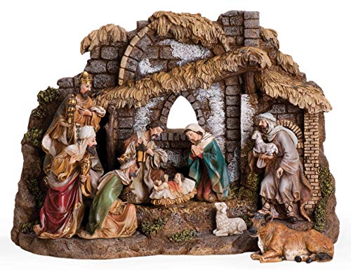 Joseph's Studio by Roman - 10-Piece Nativity Set with Stable, Includes Holy Family, Three Kings, Shepherd, Ox and Sheep, 11' H, Resin and Stone, Decorative Figures