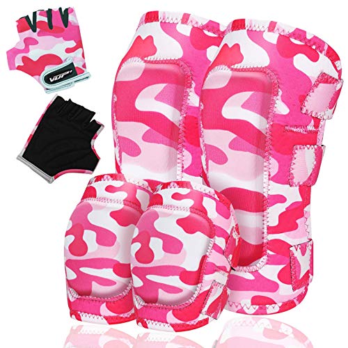 VUP Kids Protective Gear Soft Knee and Elbow Pads for Kids with Gloves Suitable for Cycling Scooter Bike Skateboard Skating Rollerblading (Camo-Pink, L)