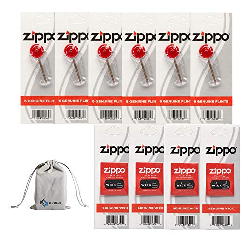 Zippo Lighter Replacement 6 Flint Dispensers (36 Flints) & 4 Wicks 10 Value Pack Bundle with KKBestPack Pouch