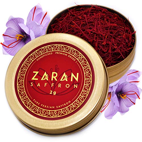 Zaran Saffron, Superior Saffron Threads (Premium) All-Red Saffron Spice for your Paella, Risotto, Persian Tea, Persian Rice, and Golden Milk) (Persian (Super Negin), 2 Grams)