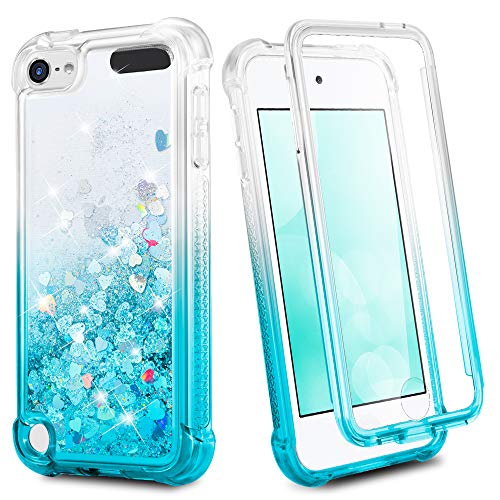 iPod Touch 7th 6th 5th Generation Case, Ruky 360°Full Body Protective Case with Built in Screen Protector Bling Liquid Floating Girls Case for iPod Touch 5 6 7 (Gradient Teal)