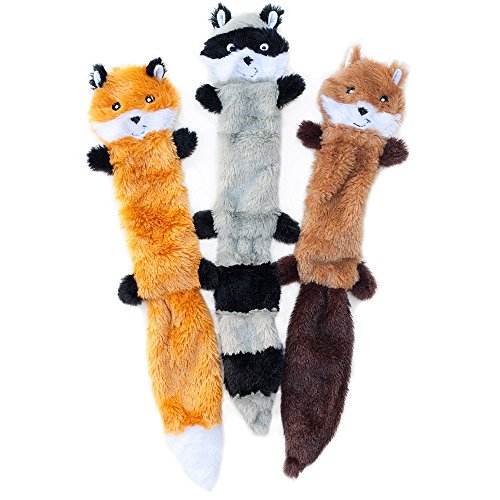 ZippyPaws - Skinny Peltz No Stuffing Squeaky Plush Dog Toy, Fox, Raccoon, and Squirrel - Large