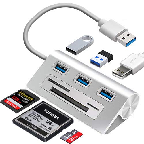 6-in-1 USB 3.0 Card Reader, Aluminum Data USB 3.0 Hub with 3 High-Speed Ports and 1 CF/SD/TF Card Reader, 12' USB Cable for Mac Pro, iMac, MacBook, Laptop and Desktop PC