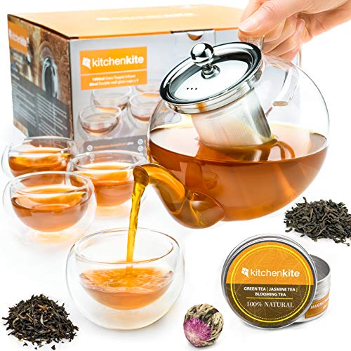 Tea Kettle Infuser Stovetop Gift Set - Glass Teapot with Removable Stainless Steel Strainer, Microwave & Dishwasher Safe, Tea Pot with Blooming, Loose Leaf Tea Sampler & 4 Double Wall Cups, Tea Maker