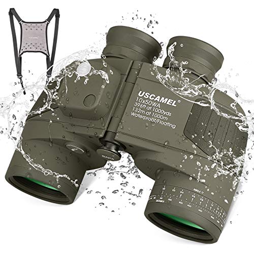 10x50 Marine Binoculars with Compass for Adults - Waterproof BAK4 Prism FMC Lens Binoculars with Rangefinder Compass and Shoulder Harness Strap for Navigation Hunting Bird Watching