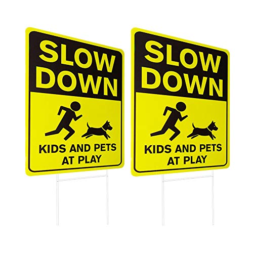 WaaHome 2 Pack Double Side Slow Down Signs with Metal Wire H-Stakes, 12''X17'' Kids and Pets at Play Yard Sign