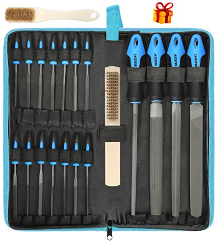 Basecent 20 Pcs Metal & Wood File Rasp Set, T12 High Carbon Steel Hand File Set Kit Including Flat, Round, Triangle, Half Round File and Needle Files, Craft Files Tools for Metal, Wood, Plastic 3D