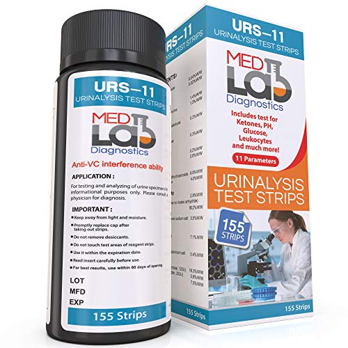 Urine Test Strips for Urinalysis 11 Parameters. 155 Cnt Reagent Test Strips for UTI, pH, Ketone, Protein, Kidney, Acidosis, CKD, Gallbladder, Liver Function Testing.