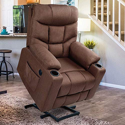 Esright Power Lift Chair Electric Recliner for Elderly Heated Vibration Massage Fabric Sofa Motorized Living Room Chair with Side Pocket and Cup Holders, USB Charge Port&Massage Remote Control, Brown