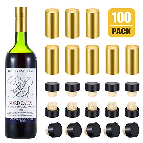 50 Packs Black Plastic Wine Bottle Cork Tops Stopper and 50 Packs Gold PVC Shrink Capsules, Wine Shrink Caps Tasting Corks Bottle Seals