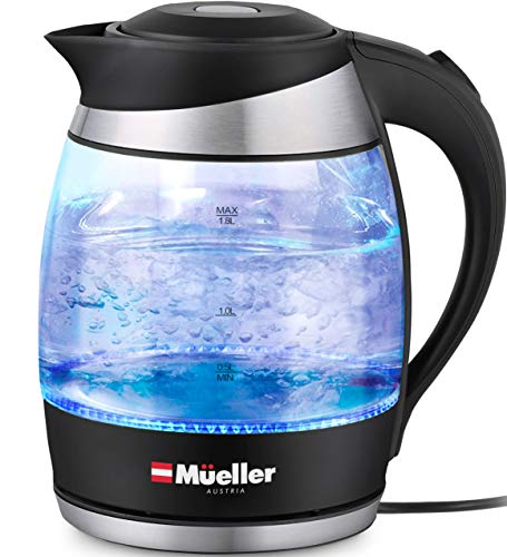 Mueller Premium 1500W Electric Kettle with SpeedBoil Tech, 1.8 Liter Cordless with LED Light, Borosilicate Glass, Auto Shut-Off and Boil-Dry Protection