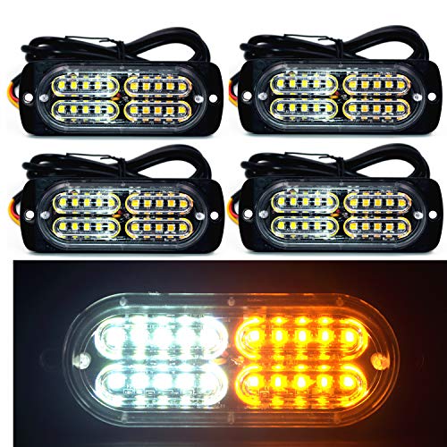 12-24V 20-LED Super Bright Emergency Warning Caution Hazard Construction Waterproof Amber Strobe Light Bar with 16 Different Flashing for Car Truck SUV Van - 4PCS (White Amber)