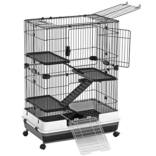 SONGMICS 4-Level Small Animal Pet Cage, Ferret Chinchilla Playpen Hutch with 3 Platforms, 3 Ramps, Leakproof Litter Tray, 3 Doors, and Lockable Wheels, Black UPSC02BK