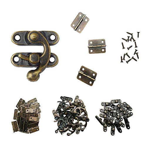 MANSHU 40pcs Small Box Hinges, 20 Sets Antique Right Latch Hook Hasp Wood Jewelry Box Hasp Catch Decoration with 240 Pieces Replacement Screws - Bronze Tone