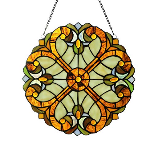 Happy Living Time Stained Glass Panel: 12 Inch/16 Inch Decorative Window Hanging Suncatcher - Small Round Tiffany Style Ornament - Blue Heart Decoration for The Wall or Windows (12 Inch Light Green)