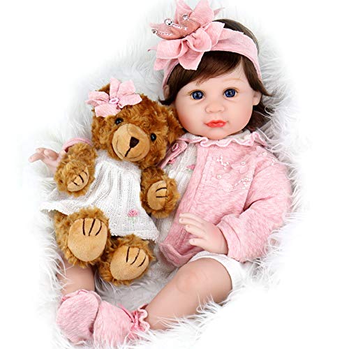 Aori Reborn Baby Doll 22 Inch Handmade Realistic Girl Baby Doll with Teddy Bear Set for Girls Children