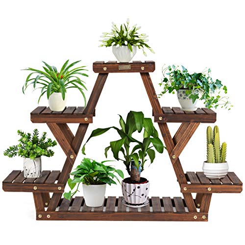 Giantex Wood Plant Stand, Multi Tier Flower Pot Holder Display Shelf for Home Balcony Patio Garden Flower Shop, Outdoor Indoor Higher and Lower Plant Display Rack (4 Tiers Triangular Plant Stand)