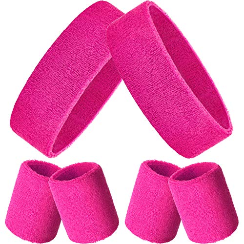 Bememo Sweatbands Set, Includes Sports Headband and Wristbands Sweatbands Colorful Cotton Sweatband Set for Men and Women (Neon Pink, 6 Pieces)