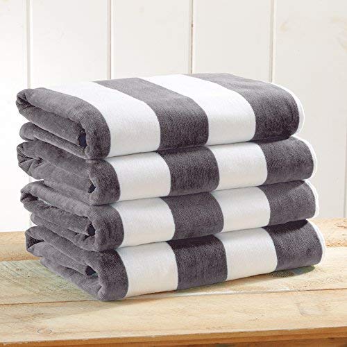 4 Pack Plush Velour 100% Cotton Beach Towels. Cabana Stripe Pool Towels for Adults. (Charcoal Grey, 4 Pack- 30' x 60')