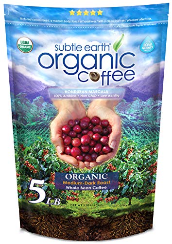 5LB Subtle Earth Organic Coffee - Medium-Dark Roast - Whole Bean - Organic Arabica Coffee - (5 lb) Bag