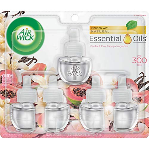 Air Wick plug in Scented Oil 5 Refills, Vanilla & Pink Papaya, (5x0.67oz), Essential Oils, Air Freshener