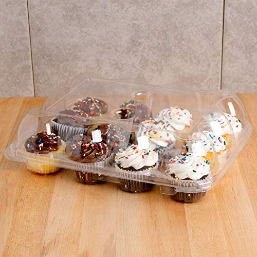 Cupcake Containers Plastic Disposable | 3 High Dome Cupcake Boxes 12 Compartment Cupcake Holders Disposable Cupcake Carrier | Dozen Cupcake Trays | Durable Cup Cake Muffin Packaging Transporter