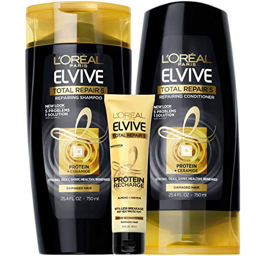 L'Oreal Paris Elvive TR5 Repairing Shampoo, Conditioner and Protein Recharge, for damaged hair, Shampoo and Conditioner with protein and ceramide for strong, silky, shiny, healthy, renewed hair, 1 kit
