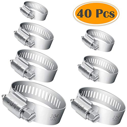 Selizo 40Pcs Hose Clamp Including 7 Sizes Adjustable Pipe Tube Clamps 304 Stainless Steel Hose Clips