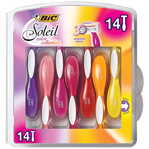 BIC Soleil Color Collection Disposable Razors for Women, 14-Count, 3 Blades - Premium Shaving Razor Set with Aloe Vera and Vitamin E Lubricating Strip - Luxurious Personal Care Products