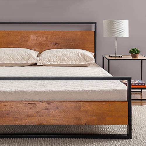 Zinus Suzanne Metal and Wood Platform Bed with Headboard and Footboard / Box Spring Optional / Wood Slat Support, Queen