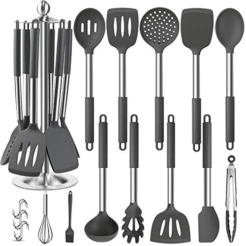 Silicone Kitchen Cooking Utensil Set, EAGMAK 14PCS Stainless Steel Silicone Kitchen Utensils Spatula Set with Stand for Nonstick Cookware, BPA Free Non-Toxic Silicone Cooking Utensils (Grey)