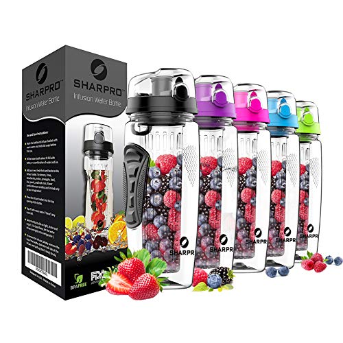 sharpro 32 oz. Infuser Water Bottles - Featuring a Full Length Infusion Rod, Flip Top Lid, Dual Hand Grips (Onyx Black)