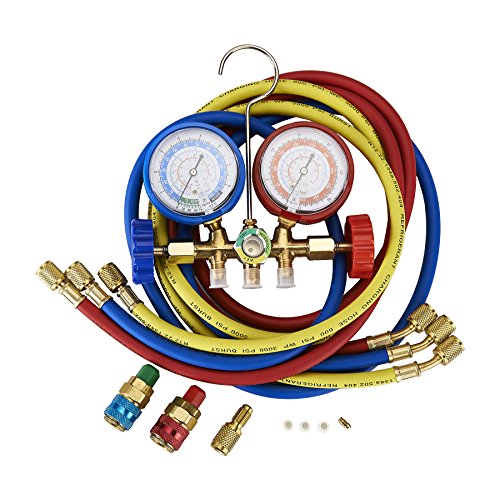 5FT AC Diagnostic Manifold Freon Gauge Set Fits for R134A R12, R22, R502, with Couplers, ACME Adapter for Car A/C System Automotive Air Conditioning Maintenance