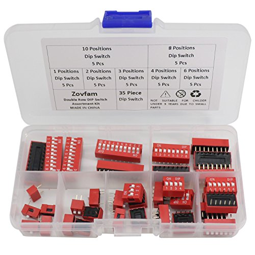 Double Row Dip Switch Assorted Kit Box Range 1 2 3 4 6 8 10 Position 2.54mm PCB Mountable On Off Dip DIL Switch,Slide Type Red Toggle Switch for Circuit Breadboards and Arduino 35Pcs