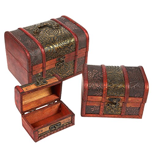 Wooden Treasure Chest Box, Set of 3 Decorative Wood Storage Trunk for Pirate Jewelry Keepsake Toy, Carved Flower