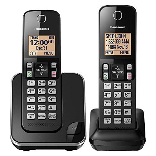 Panasonic Expandable Cordless Phone System with Amber Backlit Display – 2 Handsets – KX-TGC352B (Black)