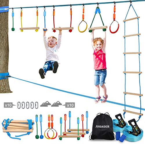 Jugader Ninja Warrior Obstacle Course for Kids - 50FT Ninja Slackline with Ladder, Gym Rings, Monkey Bars, Rope Knots (Ninja Line + Slack Line)