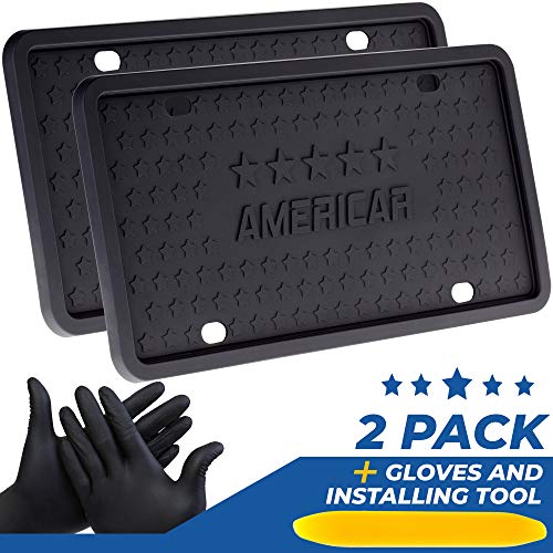 AMERICAR Premium License Plate Frame 2 Pack Kit – Black Silicone Car License Plate Holder/Frame – Rattle Proof, Scratch Proof, Rust Proof, Street Legal – Mounting Tool Included