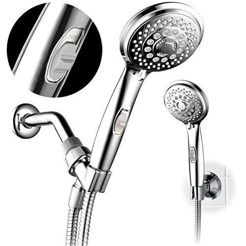 HotelSpa 7-setting AquaCare Series Spiral Handheld Shower Head Luxury Convenience Package with Pause Switch, Extra-long Hose PLUS Extra Low-Reach Bracket Stainless Steel Hose - All-Chrome Finish