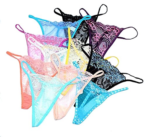 estyou Pack of 10 Lace G-string Sexy Lingerie T-back Thongs Panties Assorted Color, (Multicolored), Medium