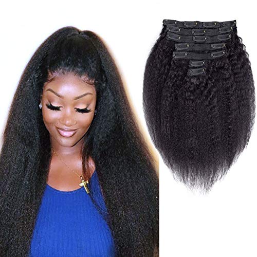 Kinky Straight Clip In Human Hair Extensions 100% Afro Coarse Brazilian Kinky Blowout Clip Ins Human Hair Natural Yaki Straight Clip ins Hair for Black Women,Double Weft, 7 Pieces, (100g- 18 Inch)