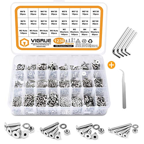 VIGRUE 1230 Pieces M2 M3 M4 M5 Flat Head Socket Cap Screws Alloy Steel Cap Bolts Nuts Washers Assortment Kit, Allen Socket Drive with 4Pcs Hex Wrenches