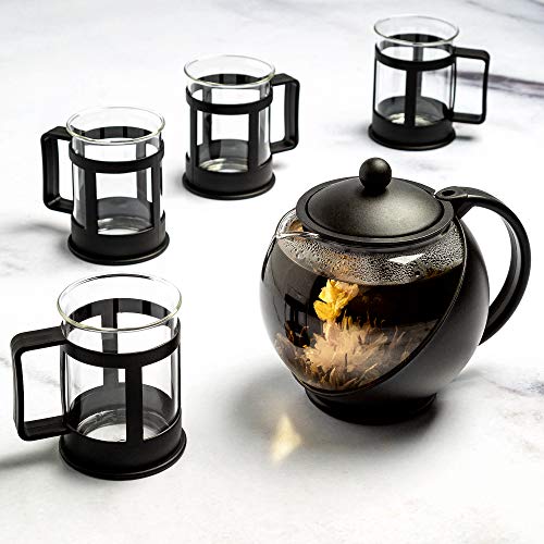 Primula Half Moon Glass Teapot with Removable Infuser Cups and Flowering, Superior Filtration, Tea Service of 4 Adults, 40 oz, Black Gift Set