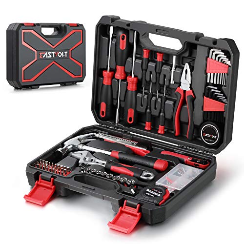 Eastvolt 128-Piece Home Repair Tool Set, Tool Sets for Homeowners, General Household Hand Tool Set with Storage Toolbox, EVHT12801, Black + Red (ASK01)