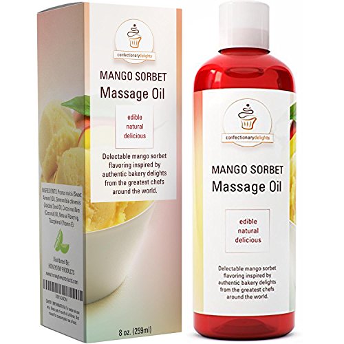 Massage Oil Edible Lube for Women and Men - Mango Sorbet Flavor Body Massage Oil for Healing and Pleasure with Pure Jojoba + Sweet Almond Oil + Coconut Oil for Skin - Anti-Aging Vitamin Moisturizer
